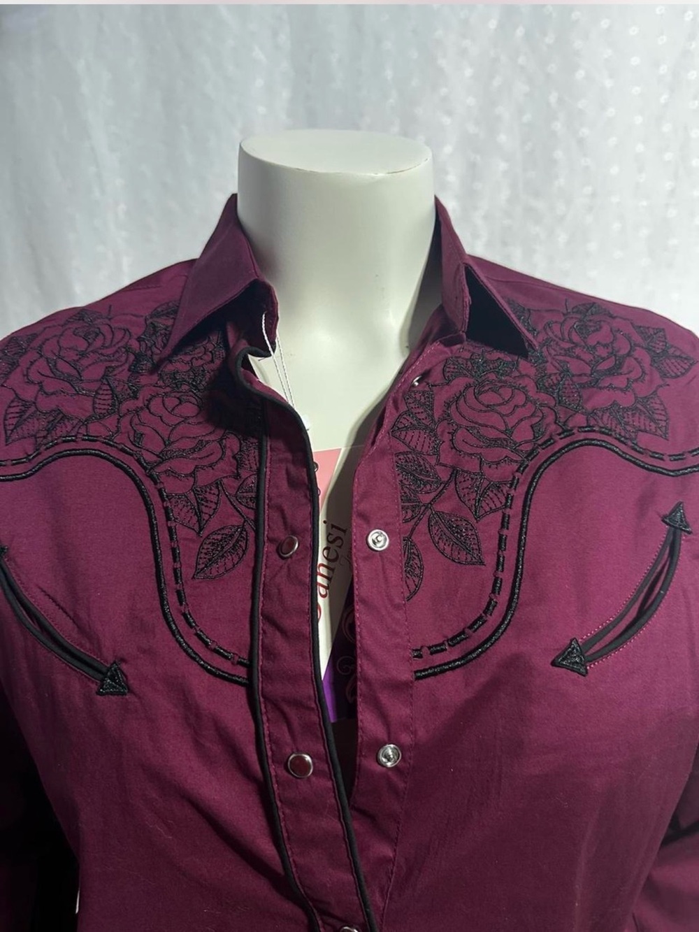 Men's Burgundy Embroidered Western Button-Down Shirt